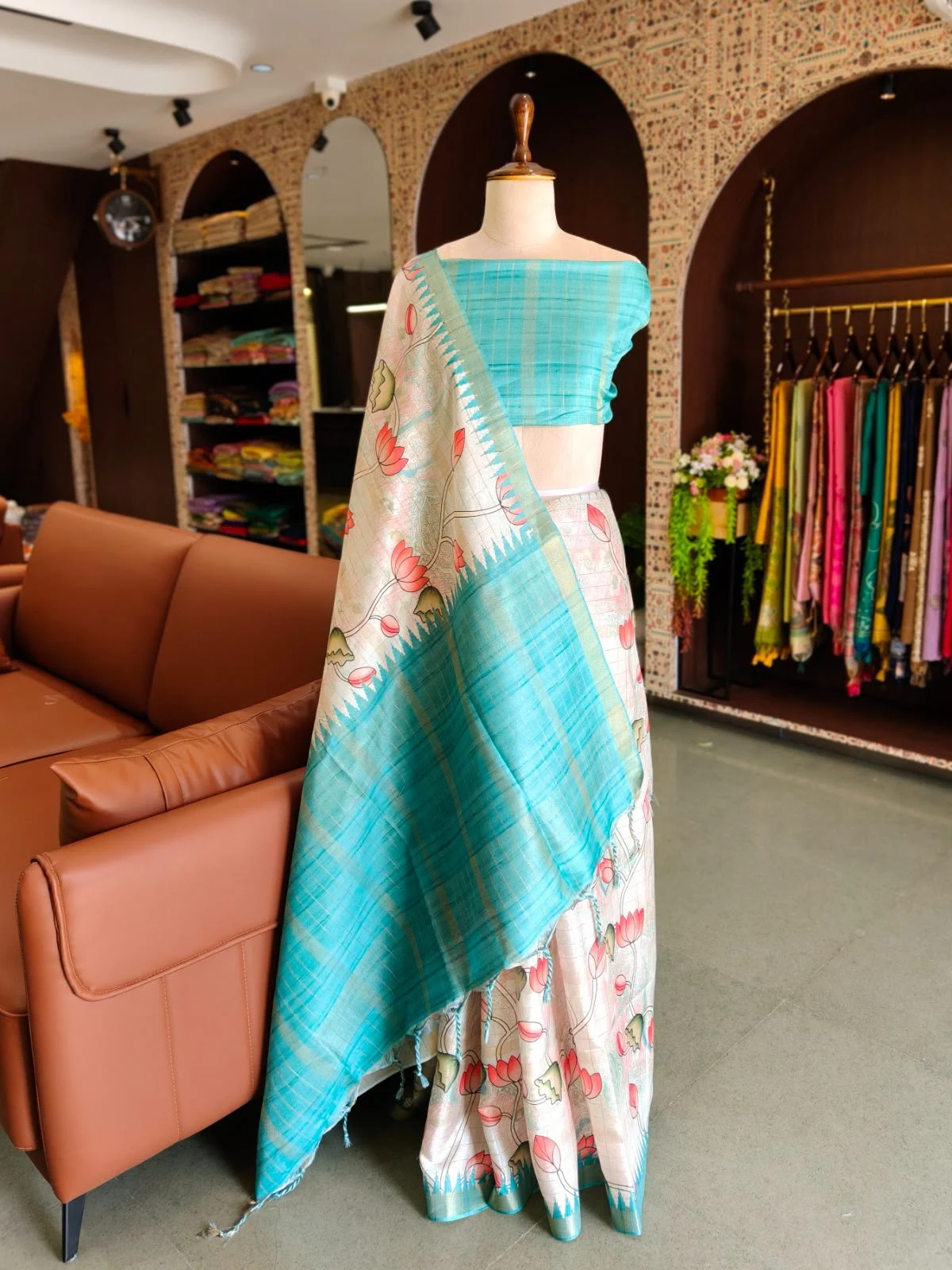 Pichwai Lotus Print Semi Tussar Saree